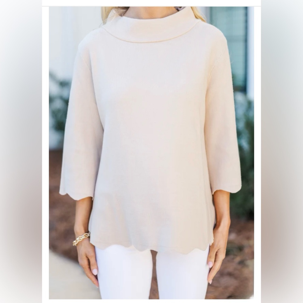 Mint Julep Boutique Tan Scalloped Hem Mock Neck Knit Sweater NWT Small - Picture 2 of 14